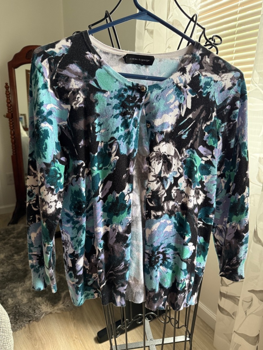 Cable & GaugeTeal, Black & White Floral Cardigan